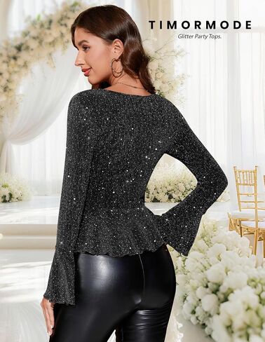 Sparkly Tops for Women Long Sleeve V Neck Ruffle Hem Sequin Shirts Glitter Blouses Evening Party Night in Saudi Arabia