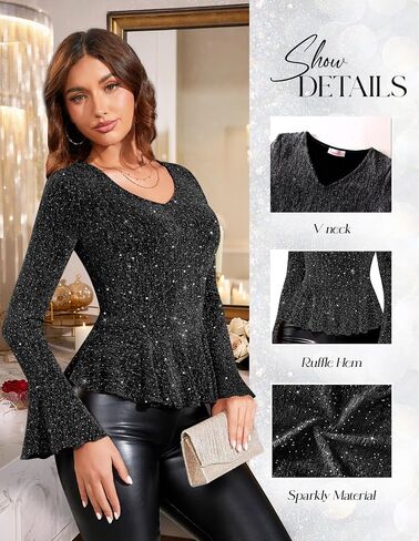 Sparkly Tops for Women Long Sleeve V Neck Ruffle Hem Sequin Shirts Glitter Blouses Evening Party Night in Saudi Arabia