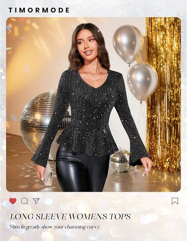 Sparkly Tops for Women Long Sleeve V Neck Ruffle Hem Sequin Shirts Glitter Blouses Evening Party Night in Saudi Arabia