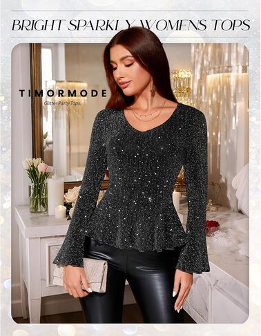 Sparkly Tops for Women Long Sleeve V Neck Ruffle Hem Sequin Shirts Glitter Blouses Evening Party Night in Saudi Arabia