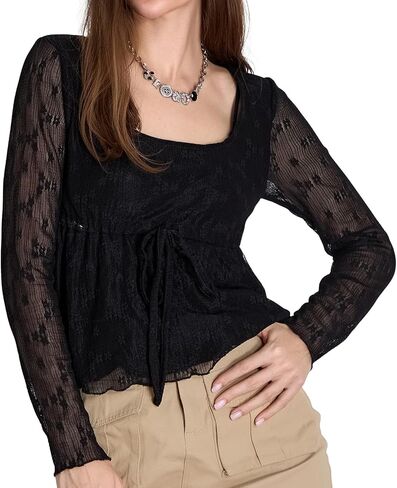 Women Lace Long Sleeve Top Vintage Floral Flowy Sheer Blouse in Kuwait