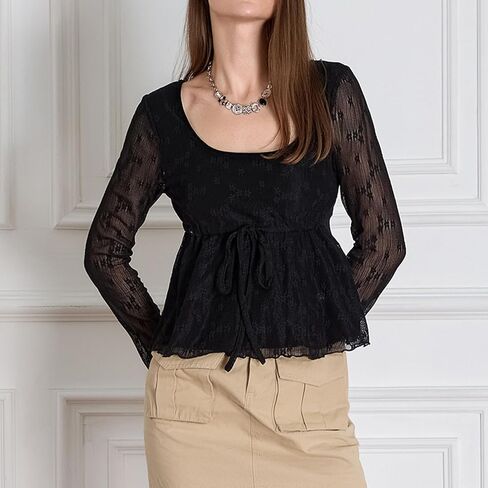 Women Lace Long Sleeve Top Vintage Floral Flowy Sheer Blouse in Kuwait
