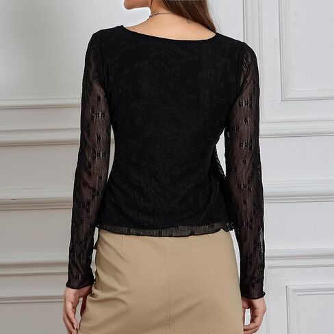 Women Lace Long Sleeve Top Vintage Floral Flowy Sheer Blouse in Kuwait