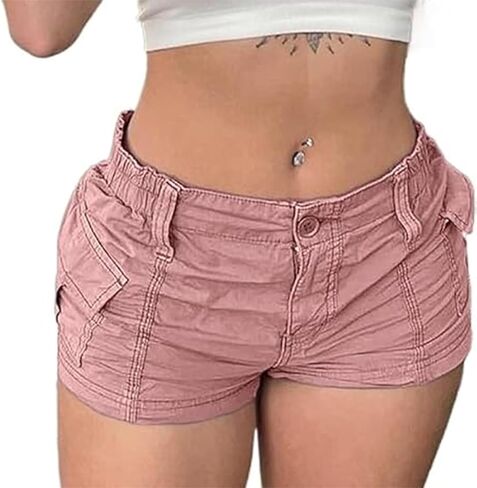 Women Vintage Low Rise Cargo Shorts Solid Color Slim Fit Micro Jean Shorts with Pockets 90s E-Girl Harajuku Fashion Bottoms in Saudi Arabia