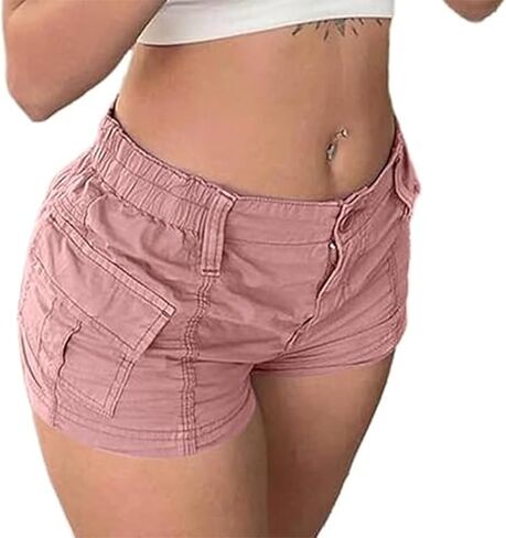 Women Vintage Low Rise Cargo Shorts Solid Color Slim Fit Micro Jean Shorts with Pockets 90s E-Girl Harajuku Fashion Bottoms in Saudi Arabia