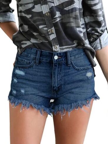 Women's High Waisted Distressed Denim Shorts, Raw Hem in Saudi Arabia