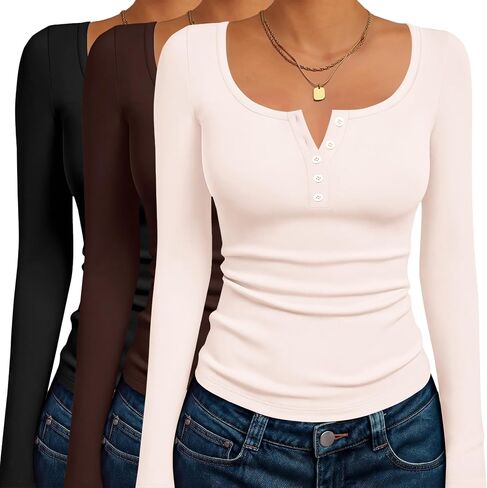 تي شيرت نسائي من Ekouaer بأكمام طويلة من Henley مكون من 3 عبوات بأزرار خريف وقصة ضيقة وطبقة أساسية أساسية وقمصان داخلية حرارية ناعمة in Saudi Arabia