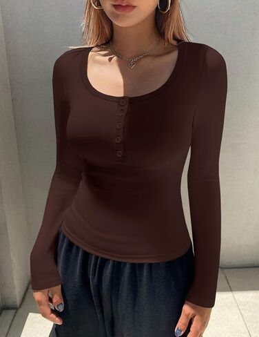 تي شيرت نسائي من Ekouaer بأكمام طويلة من Henley مكون من 3 عبوات بأزرار خريف وقصة ضيقة وطبقة أساسية أساسية وقمصان داخلية حرارية ناعمة in Saudi Arabia