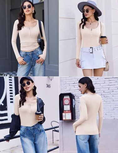 تي شيرت نسائي من Ekouaer بأكمام طويلة من Henley مكون من 3 عبوات بأزرار خريف وقصة ضيقة وطبقة أساسية أساسية وقمصان داخلية حرارية ناعمة in Saudi Arabia