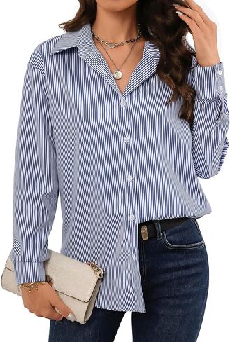 Atnlewhi Women's Button Down Striped Shirts Long Sleeve Office Formal Casual Work Blouses Tops in Saudi Arabia