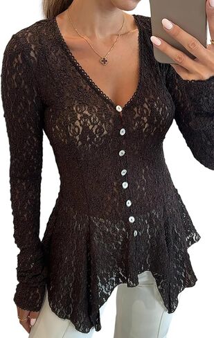 CHICME Lace V Neck Pearl Button Elegant Asymmetrical Ruffles 2025 Cardigan Top Long Sleeve Chic Sheer Lace Shirt in Saudi Arabia