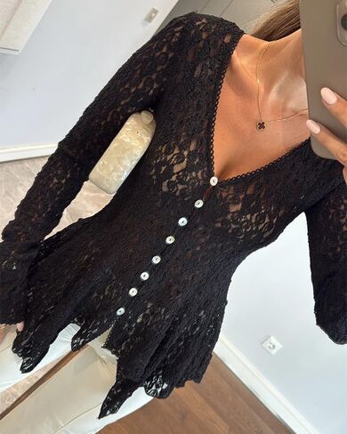 CHICME Lace V Neck Pearl Button Elegant Asymmetrical Ruffles 2025 Cardigan Top Long Sleeve Chic Sheer Lace Shirt in Saudi Arabia