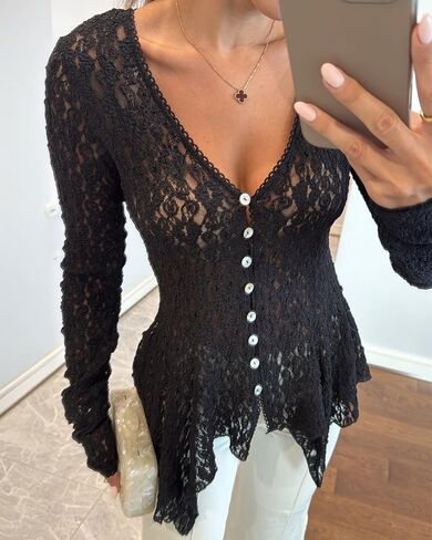 CHICME Lace V Neck Pearl Button Elegant Asymmetrical Ruffles 2025 Cardigan Top Long Sleeve Chic Sheer Lace Shirt in Saudi Arabia