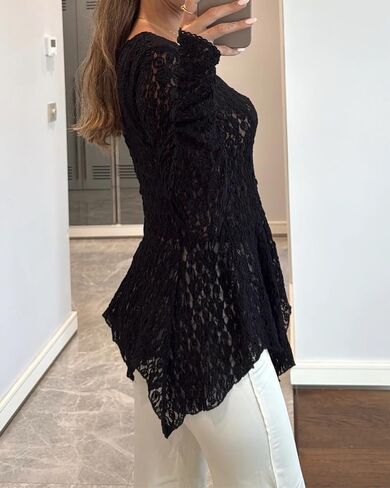 CHICME Lace V Neck Pearl Button Elegant Asymmetrical Ruffles 2025 Cardigan Top Long Sleeve Chic Sheer Lace Shirt in Saudi Arabia