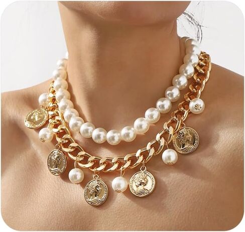 Gold Coin Layering Necklaces for Women,Thick Pearl Beaded Collar Necklaces Vintage Party Prom Large Necklace,Aesthetic Everyday Jewelry Accessories in Saudi Arabia