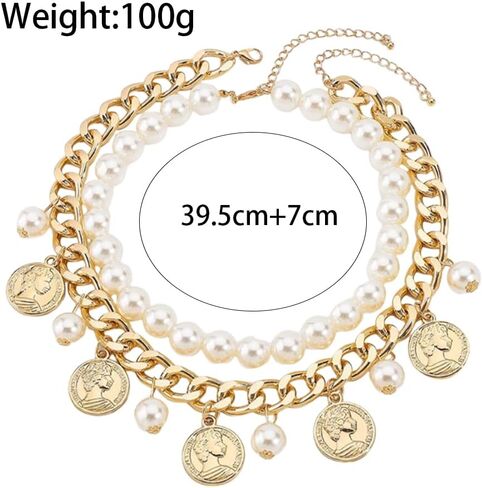 Gold Coin Layering Necklaces for Women,Thick Pearl Beaded Collar Necklaces Vintage Party Prom Large Necklace,Aesthetic Everyday Jewelry Accessories in Saudi Arabia