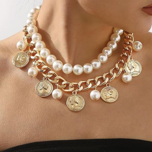 Gold Coin Layering Necklaces for Women,Thick Pearl Beaded Collar Necklaces Vintage Party Prom Large Necklace,Aesthetic Everyday Jewelry Accessories in Saudi Arabia