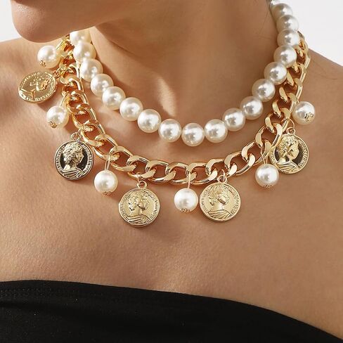 Gold Coin Layering Necklaces for Women,Thick Pearl Beaded Collar Necklaces Vintage Party Prom Large Necklace,Aesthetic Everyday Jewelry Accessories in Saudi Arabia