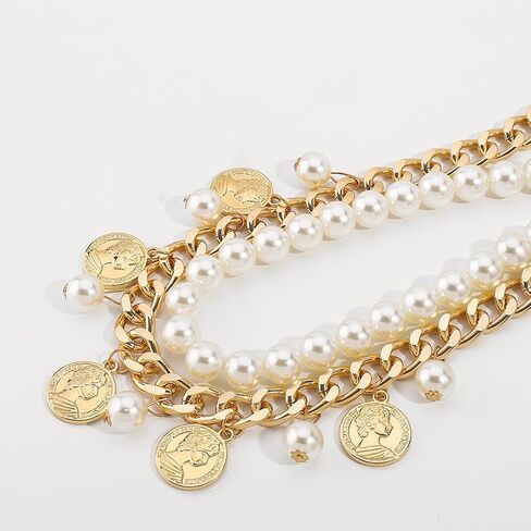 Gold Coin Layering Necklaces for Women,Thick Pearl Beaded Collar Necklaces Vintage Party Prom Large Necklace,Aesthetic Everyday Jewelry Accessories in Saudi Arabia
