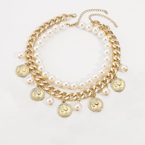 Gold Coin Layering Necklaces for Women,Thick Pearl Beaded Collar Necklaces Vintage Party Prom Large Necklace,Aesthetic Everyday Jewelry Accessories in Saudi Arabia