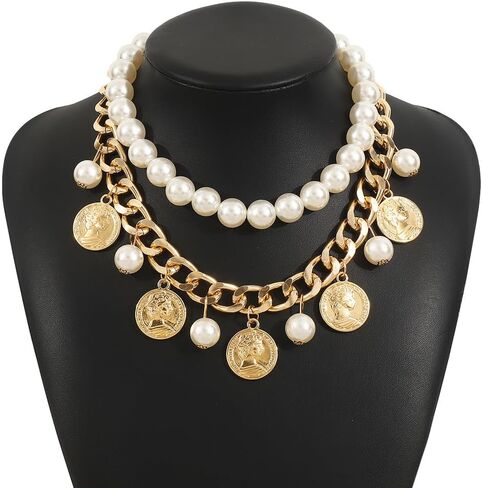Gold Coin Layering Necklaces for Women,Thick Pearl Beaded Collar Necklaces Vintage Party Prom Large Necklace,Aesthetic Everyday Jewelry Accessories in Saudi Arabia