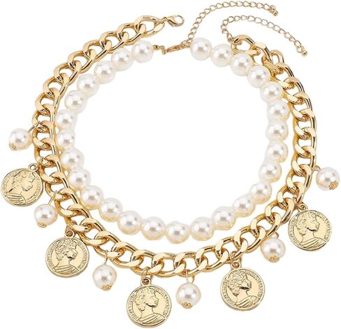 Gold Coin Layering Necklaces for Women,Thick Pearl Beaded Collar Necklaces Vintage Party Prom Large Necklace,Aesthetic Everyday Jewelry Accessories in Saudi Arabia