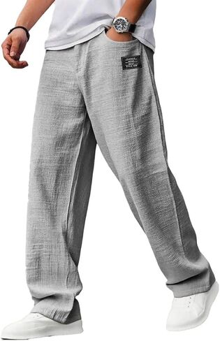 Mokaloha Mens Pants， Casual Hemp Fabric Drawstring Loose Elastic Waist Pocket Trousers for Home Exercise or Travel in Kuwait