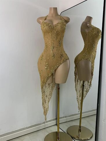 Women's Evening Party Dress Rhinestone Mesh Stretch Performance Gown Birthday Celebration Dress in Saudi Arabia