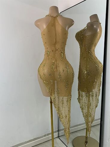 Women's Evening Party Dress Rhinestone Mesh Stretch Performance Gown Birthday Celebration Dress in Saudi Arabia