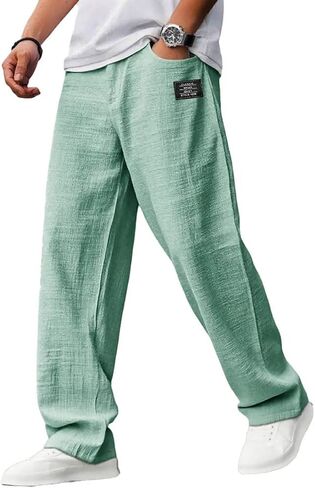 Mokaloha Mens Pants， Casual Hemp Fabric Drawstring Loose Elastic Waist Pocket Trousers for Home Exercise or Travel in Kuwait