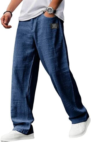 Mokaloha Mens Pants， Casual Hemp Fabric Drawstring Loose Elastic Waist Pocket Trousers for Home Exercise or Travel in Kuwait