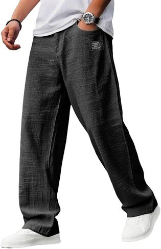 Mokaloha Mens Pants， Casual Hemp Fabric Drawstring Loose Elastic Waist Pocket Trousers for Home Exercise or Travel in Kuwait