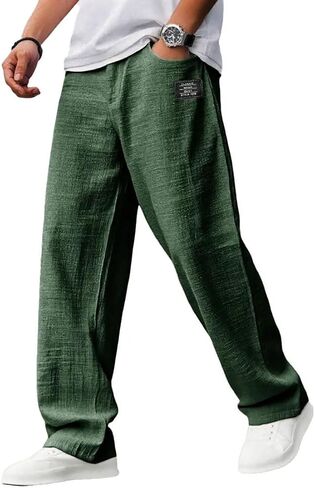Mokaloha Mens Pants， Casual Hemp Fabric Drawstring Loose Elastic Waist Pocket Trousers for Home Exercise or Travel in Kuwait
