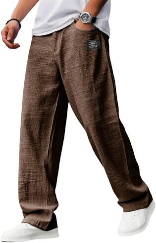 Mokaloha Mens Pants， Casual Hemp Fabric Drawstring Loose Elastic Waist Pocket Trousers for Home Exercise or Travel in Kuwait