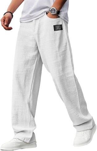 Mokaloha Mens Pants， Casual Hemp Fabric Drawstring Loose Elastic Waist Pocket Trousers for Home Exercise or Travel in Kuwait