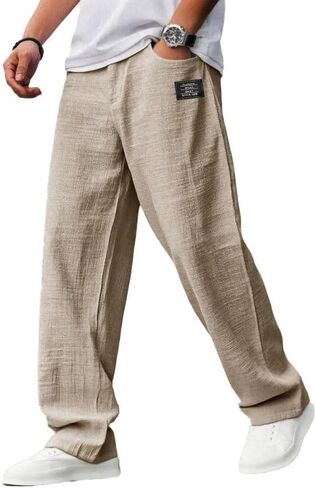 Mokaloha Mens Pants， Casual Hemp Fabric Drawstring Loose Elastic Waist Pocket Trousers for Home Exercise or Travel in Kuwait