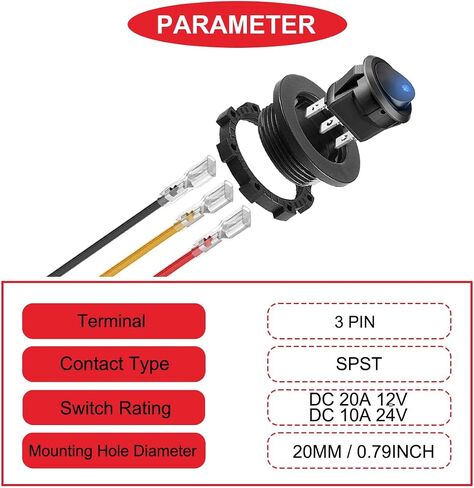4 قطع مفتاح الروك الدائري DC 12V 20A 24V 10A، مفتاح مضاء أصفر LED SPST 3 دبوس تشغيل 12 فولت DC تبديل التبديل للسيارات والقارب RV مع أسلاك طرفية مغلقة بغطاء دائري in Saudi Arabia