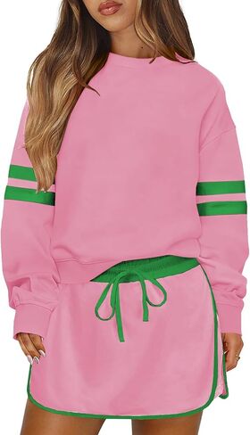 Women's Striped Sweatsuits 2 Piece Set Crewneck Sweatshirt Skort Sets Fall Athletic Tennis Golf Matching Outfits in Saudi Arabia