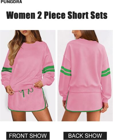 Women's Striped Sweatsuits 2 Piece Set Crewneck Sweatshirt Skort Sets Fall Athletic Tennis Golf Matching Outfits in Saudi Arabia