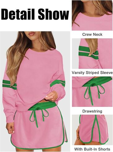 Women's Striped Sweatsuits 2 Piece Set Crewneck Sweatshirt Skort Sets Fall Athletic Tennis Golf Matching Outfits in Saudi Arabia