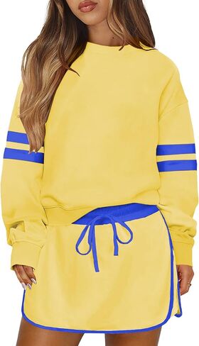 Women's Striped Sweatsuits 2 Piece Set Crewneck Sweatshirt Skort Sets Fall Athletic Tennis Golf Matching Outfits in Saudi Arabia