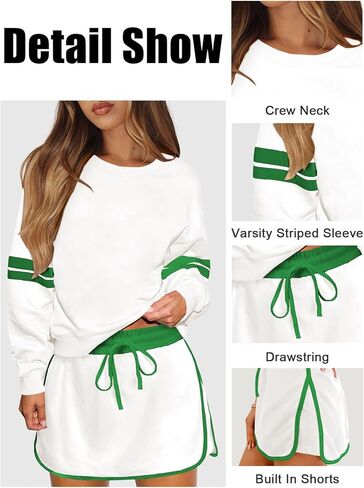 بدلات رياضية مخططة للنساء مكونة من قطعتين سويت شيرت بياقة دائرية مجموعات سكورت خريف رياضي تنس جولف ملابس متطابقة in Kuwait