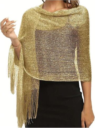 MakeMeChic Women's Metallic Tassel Trim Scarf Sparkly Party Elegant Shawls and Wraps in Saudi Arabia