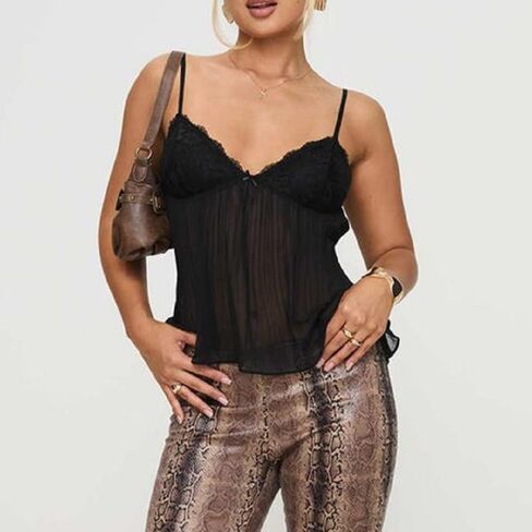 Women Y2k Babydoll Tank Tops Lace Trim V Neck Crop Cami Spaghetti Strap Peplum Top Summer Cute Aesthetic Flowy Shirts in Saudi Arabia