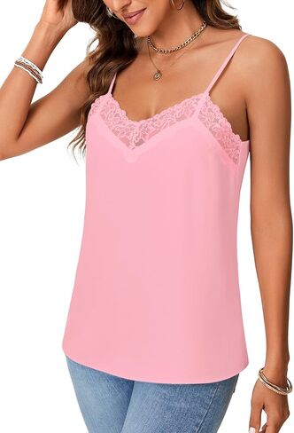 Vrtige Women's Satin Tank Summer Top Adjustable Spaghetti Lace Trim V Neck Strap Camisole in Saudi Arabia