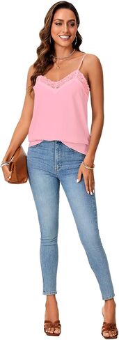 Vrtige Women's Satin Tank Summer Top Adjustable Spaghetti Lace Trim V Neck Strap Camisole in Saudi Arabia