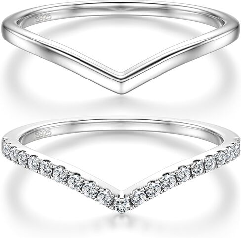 2PCS Silver Rings for Women 925 Sterling Silver 14k Gold Plated Wishbone Ring Non Tarnish Wedding Bands Stackable Dainty V Shaped Rings CZ Wedding Rings Promise Ring Engagement in Saudi Arabia