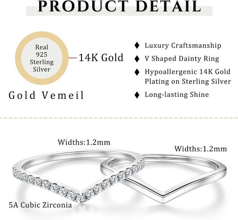 2PCS Silver Rings for Women 925 Sterling Silver 14k Gold Plated Wishbone Ring Non Tarnish Wedding Bands Stackable Dainty V Shaped Rings CZ Wedding Rings Promise Ring Engagement in Saudi Arabia