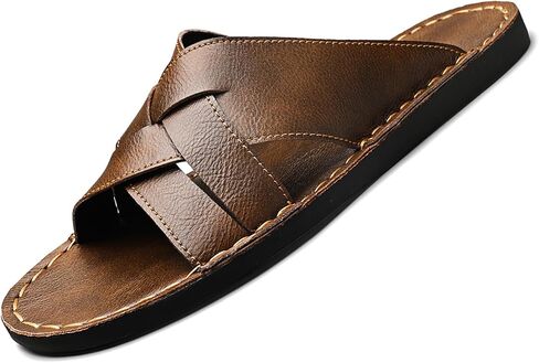 Men's Genuine Leather Braided Flat Slide Sandals Open Toe Lightweight Anti-Slip Slip On Softsole Summer Beach Sandals Indoor Outdoor Casual Slippers in Kuwait