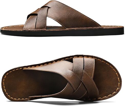Men's Genuine Leather Braided Flat Slide Sandals Open Toe Lightweight Anti-Slip Slip On Softsole Summer Beach Sandals Indoor Outdoor Casual Slippers in Kuwait
